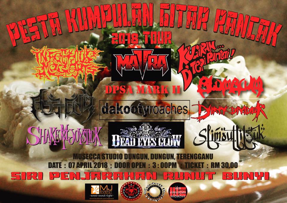 Jenn_Thompson's tweet photo. #TERENGGANU TODAY April7 PESTA KUMPULAN GITAR RANCAK 2018 TOUR 3pm MuseccaStudio #DUNGUN ft. #InfectiousMaggots #Mattra #KugiranDTepiPantai #AsIEnd #DPSAMkII #DakootyRoaches @ShakeMyJoystick @deadeyesglow #Slimoutlitouk #SlumScum #DirtyDivider https://t.co/xFK3Z3W3kc