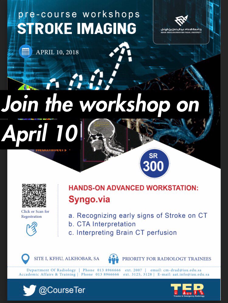 CourseTer's tweet photo. Stroke imaging workshop:
#April 10 
@9:00 a.m.  &amp; repeated 
@1:00 p.m.
For registeration :
https://t.co/eQf0gnIiRR

#TER2018 @CourseTer https://t.co/ncAjtxxF8i