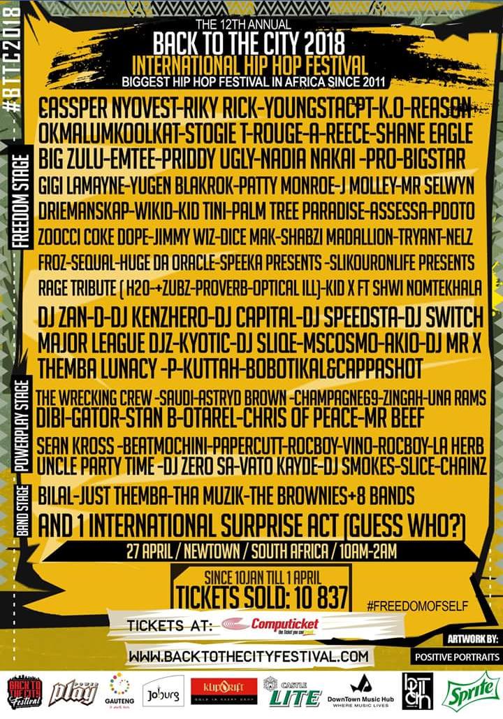 CityofJoburgZA's tweet photo. The biggest Hip Hop Festival in Africa will be taking place in Joburg on Freedom Day under the theme #FreedomofSelf  Don't miss this massive line-up of SA's hottest artists &amp; 1 International Act #BTTC2018 @BacktothecitySA ^KM https://t.co/Idv3btNaGc