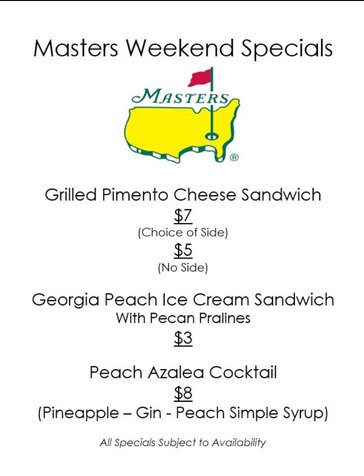 It’s #TheMasters weekend, so come on out and get a taste of Augusta National with our Masters-themed Specials!!