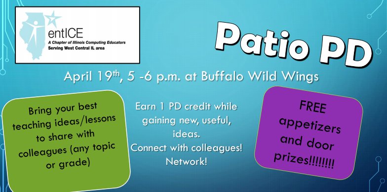 Join <a href="/entice_il/">EntICE</a> for #PatioPD on April 19th at BWW 5-6pm! Free apps, door prizes, and network with colleagues across West Central Illinois. Register at bit.ly/2JdAhA1.