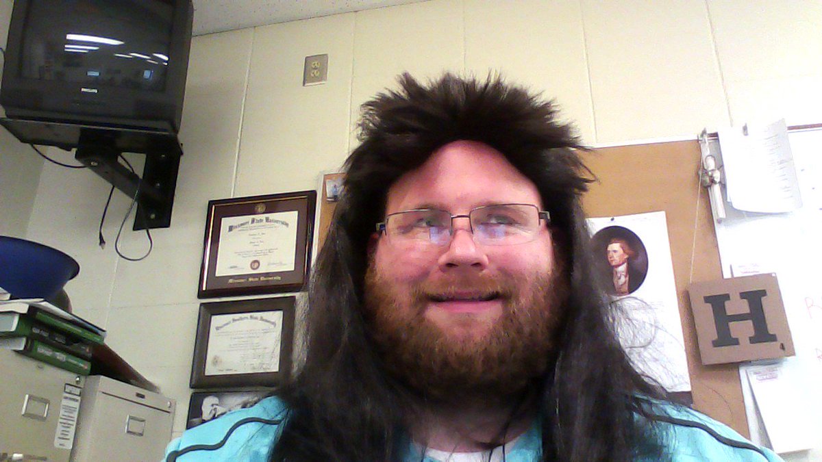 MustangHistory1's tweet photo. Soooo, my students thought it would be funny to vote for me for most likely to change my hairstyle for the yearbook. In return I decided to change my hairstyle. Bringing back the 90s! https://t.co/q8NcrND8Mc