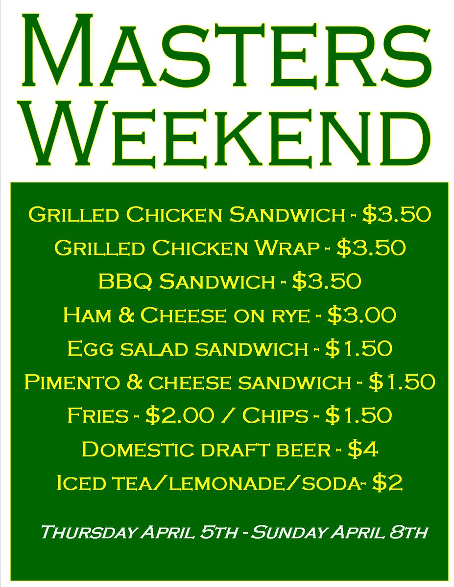 orchards_golf's tweet photo. Come by this weekend and enjoy our special @TheMasters themed menu! https://t.co/R13jGg2rCG