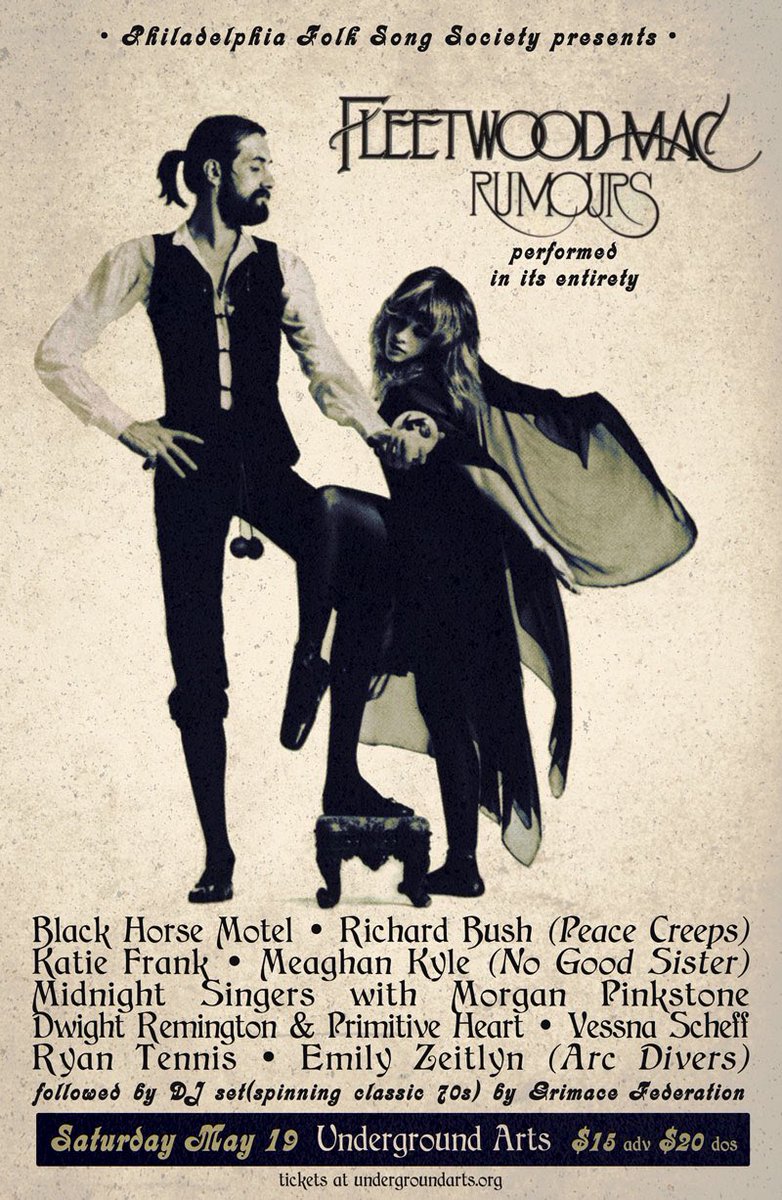 <a href="/folksongsociety/">folksongsociety</a> &amp; <a href="/brookladelphia/">BrookLAdelphia</a> present RUMOURS: Philly Artists Pay Tribute To <a href="/fleetwoodmac/">Fleetwood Mac</a> on 5/19! Tickets are On Sale Now at bit.ly/RumoursUA