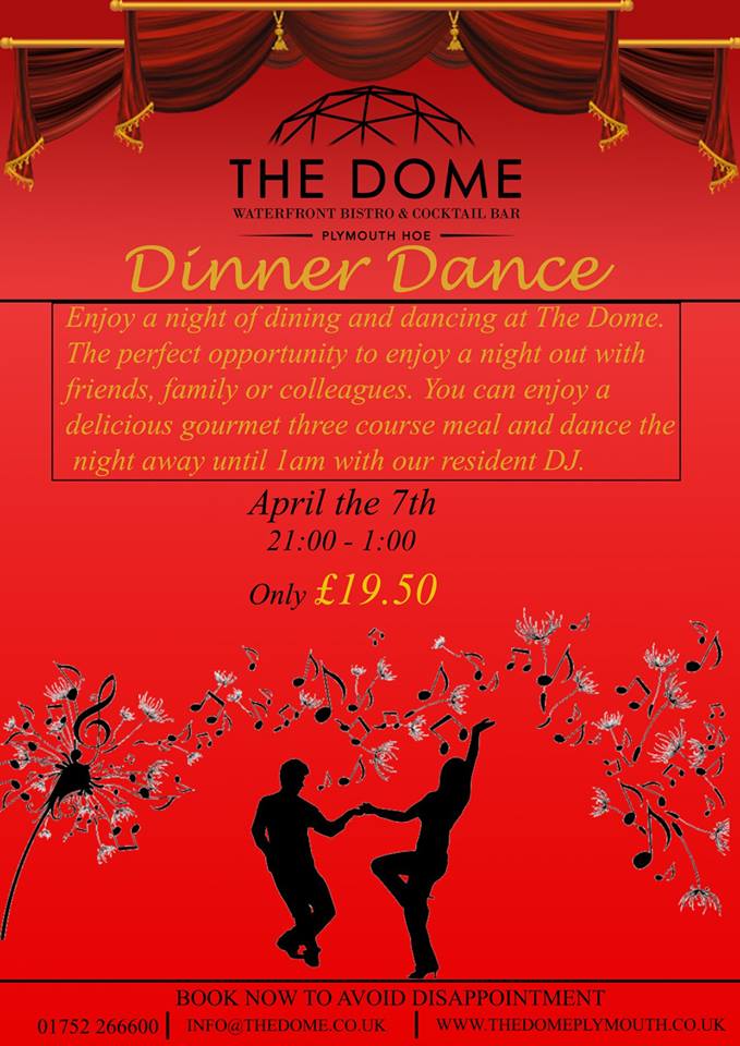 Dinner Dance is an amazing event held at The Dome - Ideal for friends, work colleagues or celebrations of any kind.
Book now - STILL A FEW PLACES LEFT. 
info@thedomeplymouth.co.uk 
017542266600