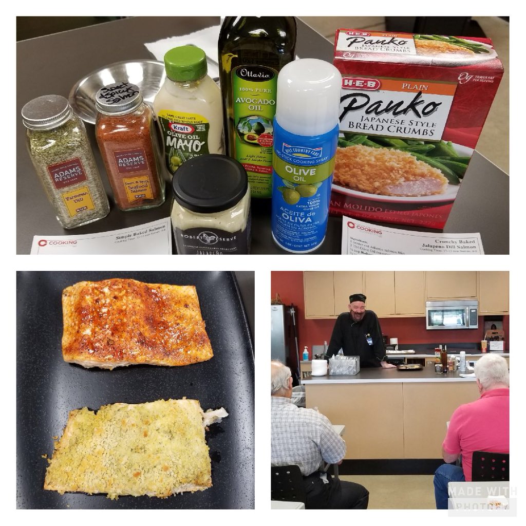HEBPatty's tweet photo. Chef Wally w/ Fairfield Market H-E-B hosted @lonestarcollege & their Lifelong Learning students in a cooking class today! We learned how to make fresh salmon 2 ways! #fairfieldmarket #chefwally https://t.co/W1SGYchv4q