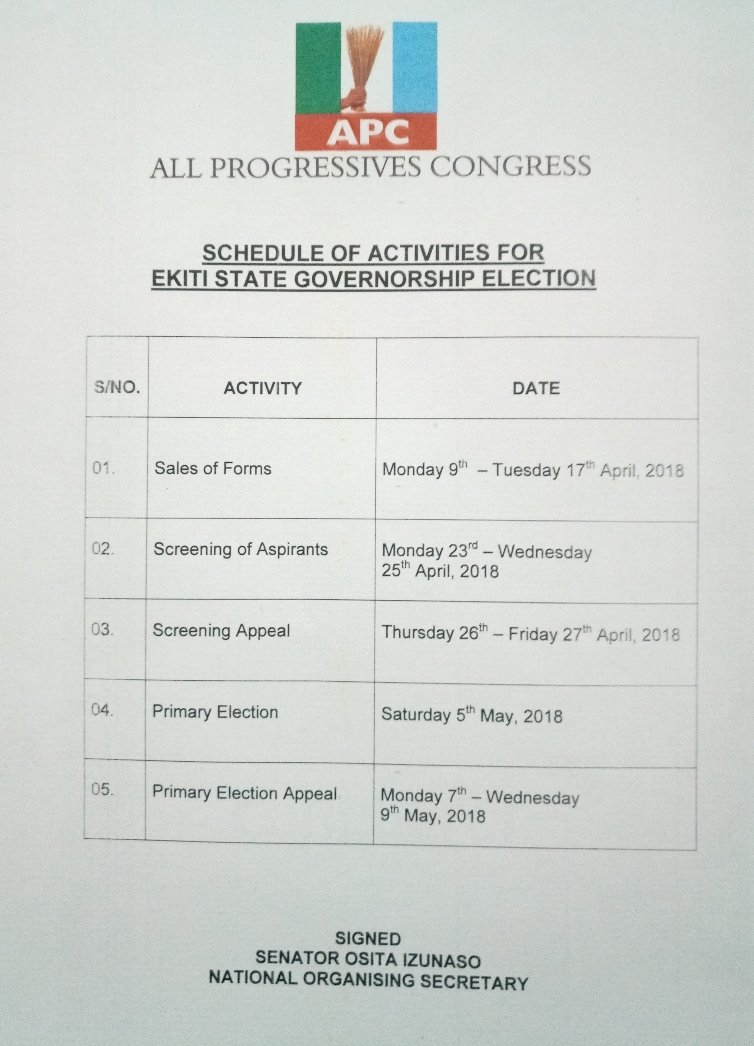AbiodunBorisade's tweet photo. #Ekiti2018
@APCNigeria
SCHEDULE OF ACTIVITIES FOR #Ekiti GOVERNORSHIP ELECTION.
@EngrKayodeOjo
#Standwithkayodeojo https://t.co/yGwGvctXGb