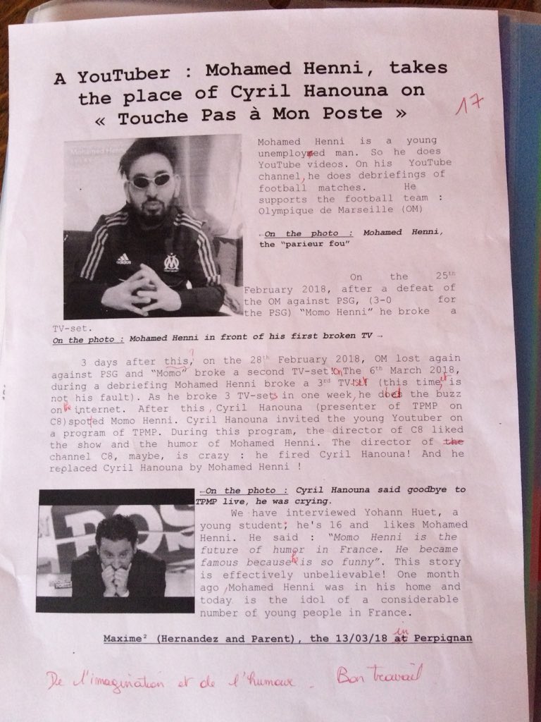 MaximeParent66's tweet photo. J’ai eu 17 en anglais grâce à un travail sur @henni_mo 😭😭😭 https://t.co/6Z4QSiNnKJ