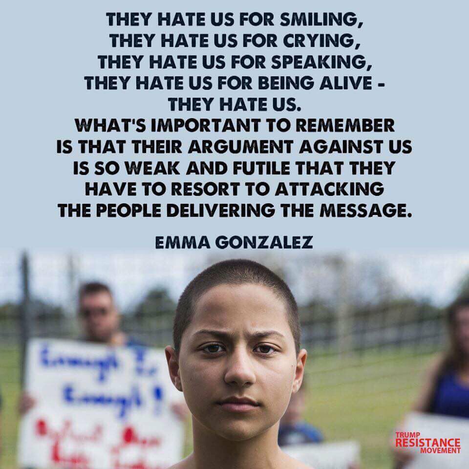 #EmmaGonzalez #ParklandStudentsSpeak #ParklandStrong #NobelPeacePrize 
#studentsdemandaction #Gunsense #GunControl #GunReform
