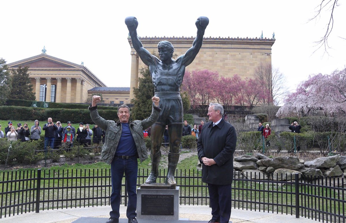 PhillyMayor's tweet photo. We always enjoy welcoming Sylvester Stallone back to Philadelphia! Sly is still punching — and was very generous with his time with all the fans at the Rocky statue today! https://t.co/EeahSJ1hKn