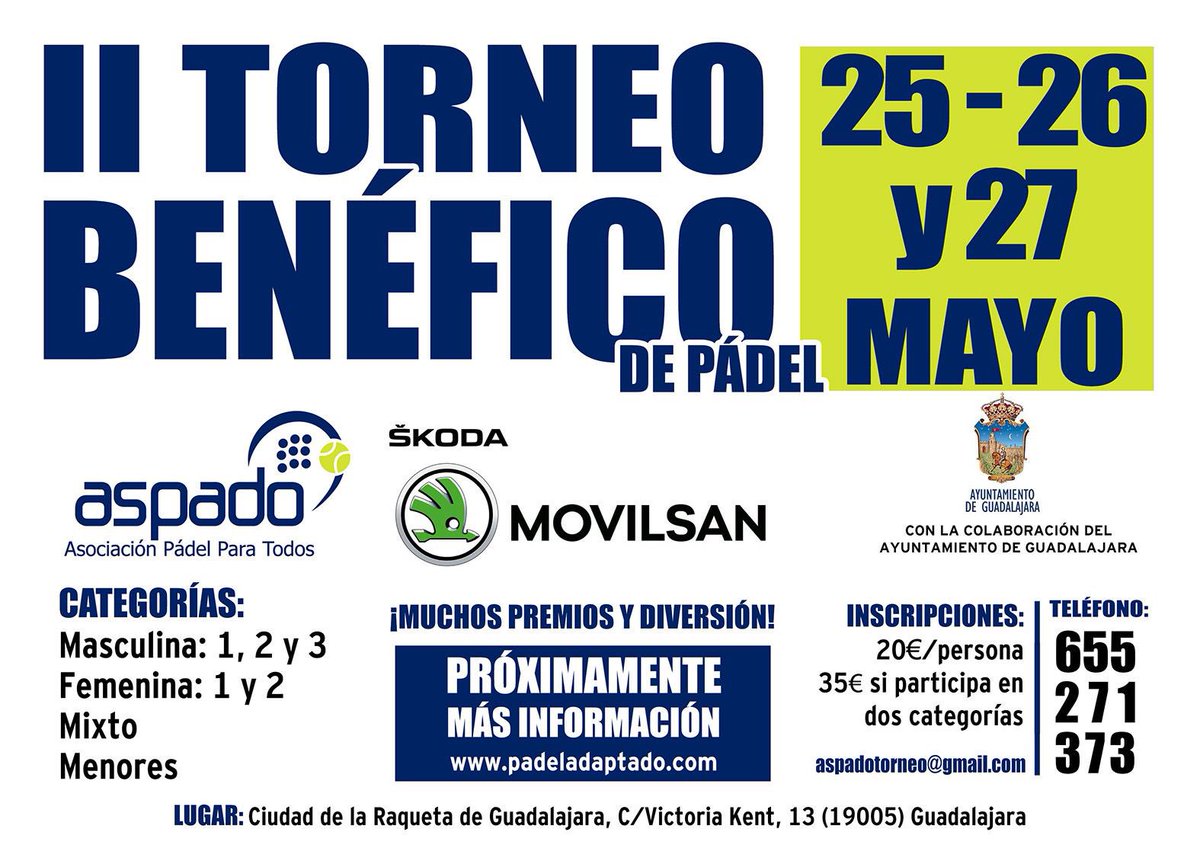 padeladaptado's tweet photo. Ya están abiertas las inscripciones para el II Torneo Benéfico de ASPADO en Guadalajara. Inscríbete!!! https://t.co/EdoBczqGSQ https://t.co/icP9JNPGOC