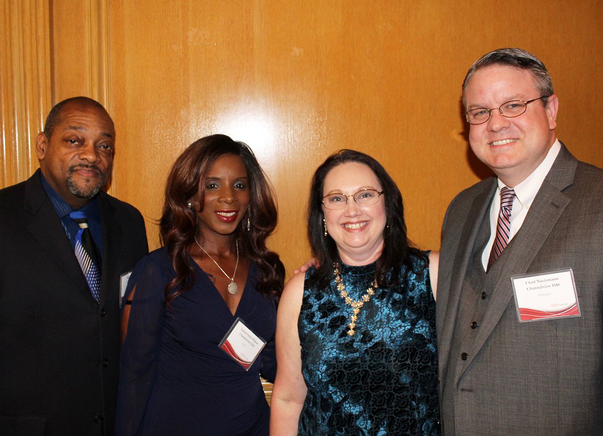 Region4ESC's tweet photo. Scenes from the 2018 Region 4 Principal Recognition Ceremony: Honored principals from @ChannelviewISD, Chad Nuetzmann (1st from right), Viola Cobb Elementary, and Dr. Jules Pichon (1st from left), Alice Johnson Junior High. #R4PRC #TxED https://t.co/NOuJNPW9Lo