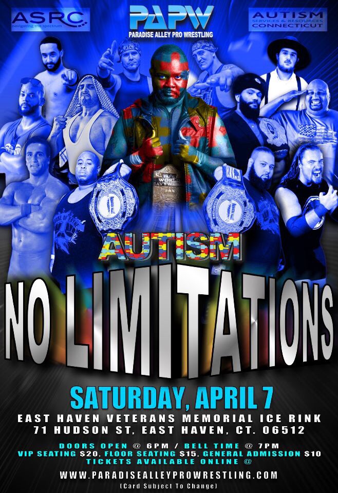 Official_PAPW's tweet photo. Be sure to join us tomorrow night as we proudly present NO LIMITATIONS! All proceeds will go to the ASRC-Autism Services & Resources of Connecticut! #PAPW #NoLimitations #ASRC #FightForAutism #Wrestling #IndyWrestling https://t.co/K496kjDNq1