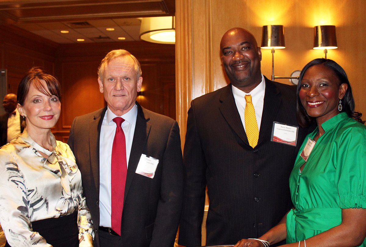 Region4ESC's tweet photo. Scenes from the 2018 Region 4 Principal Recognition Ceremony: Honored principals from @CyFairISD, Onica Mayers (1st from right), Kirk Elementary, and David Hughes (2nd from left), Langham Creek High School. #R4PRC #TxED https://t.co/GzVM0zMgih