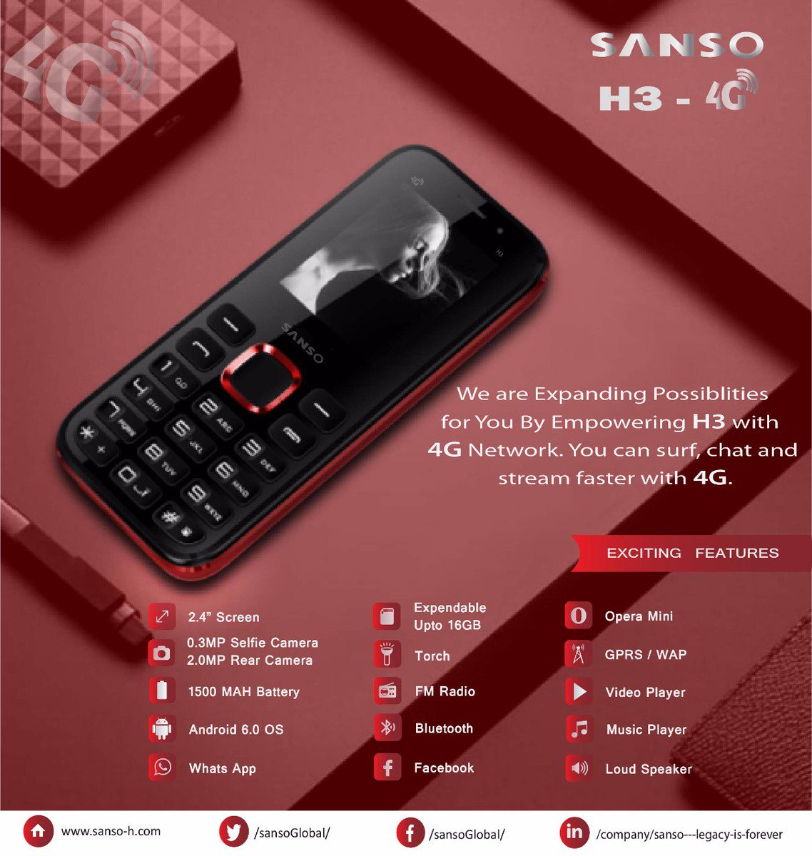 SansoGlobal's tweet photo. Be Blunt &amp; Beat the Difference with Simplicity and Always be Connected and Updated with our H3 4G feature phone. 
Affordable, reliable and cost effective with EU quality and fits your pocket.
#SANSO #SANOH3 #SANSOH #SANSOMOBILES #H3 #SANSOH34G #H34G #4GFeaturePhone #SPREADTRUM https://t.co/S5V3GxyZmq