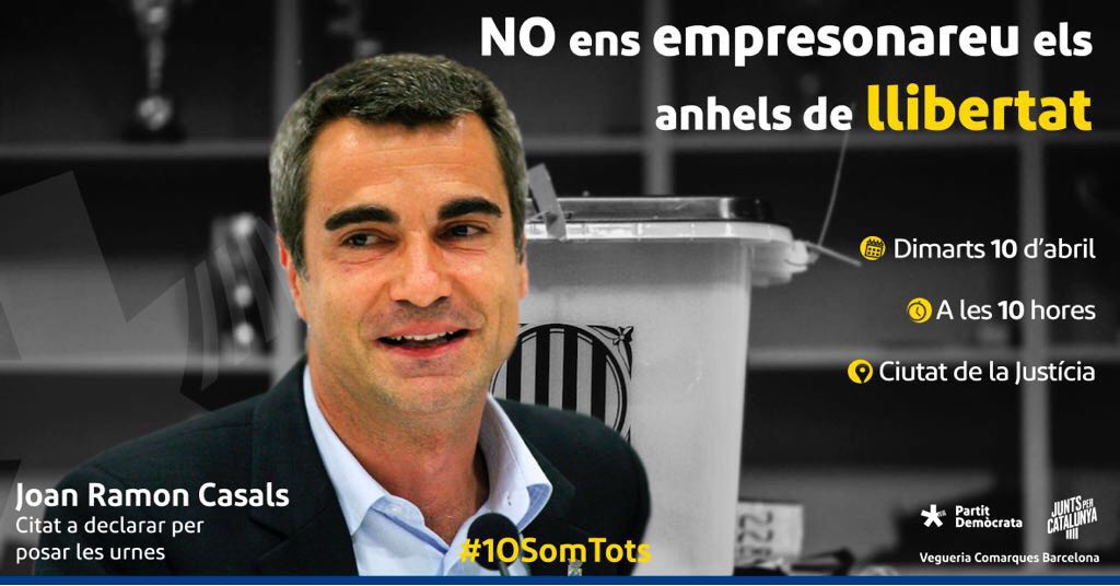 PDeCATSAB's tweet photo. Tots amb Joan Ramon Casals, alcalde de Molins acusat de desobediència. El Partit Demòcrata de Sant Andreu hi serà per defensar els alcaldes que han donat la cara per la democràcia. A la Ciutat de la Justícia (FGC - Ildefons Cerdà) dimarts 10 a les 10h! https://t.co/vlyHKJxfpq