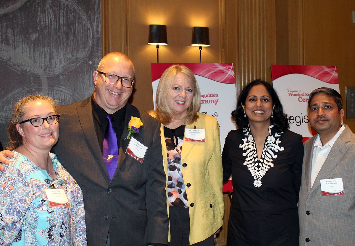 Region4ESC's tweet photo. Scenes from the 2018 Region 4 Principal Recognition Ceremony: Honored principals from @galvestonisd, with Superintendent Dr. Kelli Moulton (center - @kamoulton): Divya Nagpal (2nd from right), L. A. Morgan Elementary, and Joseph Pillar (2nd from left), Ball HS. #R4PRC #TxED https://t.co/j0P0FfAJ3C