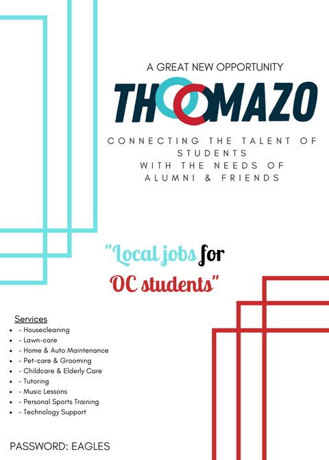 ocdaysix's tweet photo. Some of our own OC Alumni have created an amazing service to connect OC Students with local services and jobs. 
https://t.co/EWTrEbjJ07

Password for the Website: Eagles https://t.co/B030PFKBgl