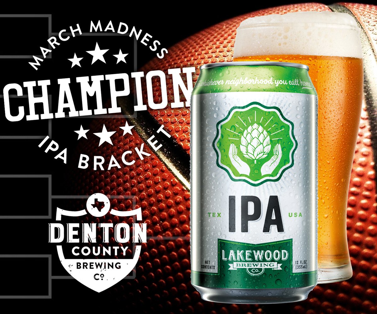 LakewoodBrewing's tweet photo. Well this is cool. We're flattered (and very honored) to be crowned the champion of the March Madness IPA Blind Taste Test at @DENTONCBC - out of a field of 16 awesome IPAs, ours came out on top! If you haven't tried our brand new American IPA yet, now's your chance. #ScholLBC https://t.co/DkQaKY6Rad
