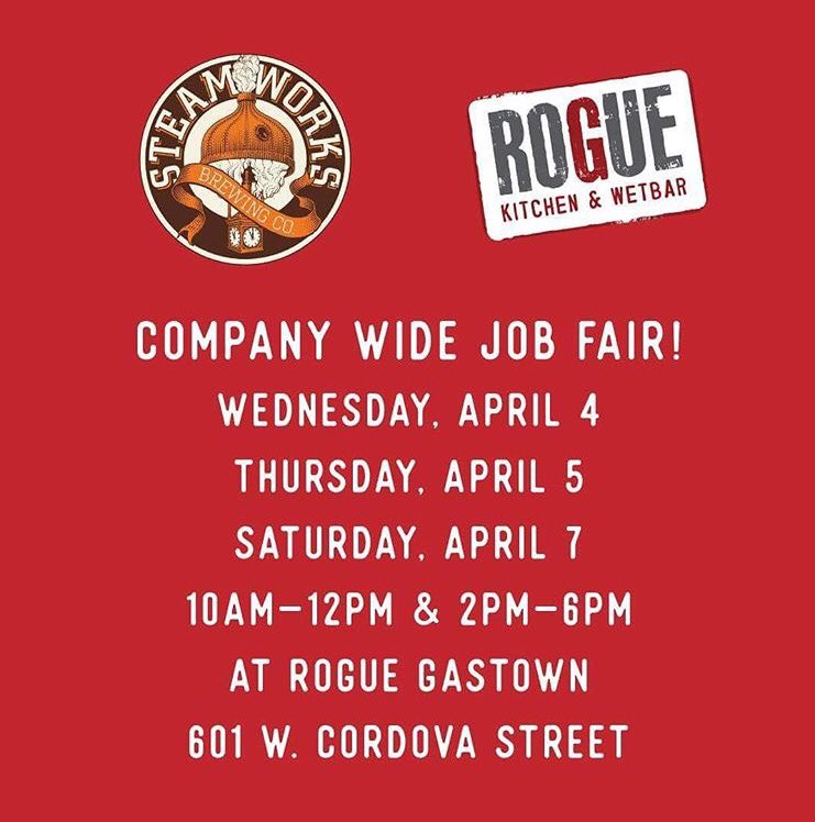 Hiring for all positions! Come down tomorrow and get a job at Vancouver’s first steam brewery ( and the world’s too!)