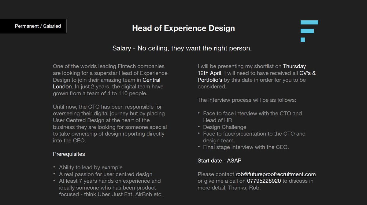 Head of Experience Design - Central London - Fintech - Please get in touch to learn more about this fantastic opportunity. rob@futureproofrecruitment.com - 07795228920. Please LIKE &amp; Share. #UX #ExperienceDesign #StrategicDesign