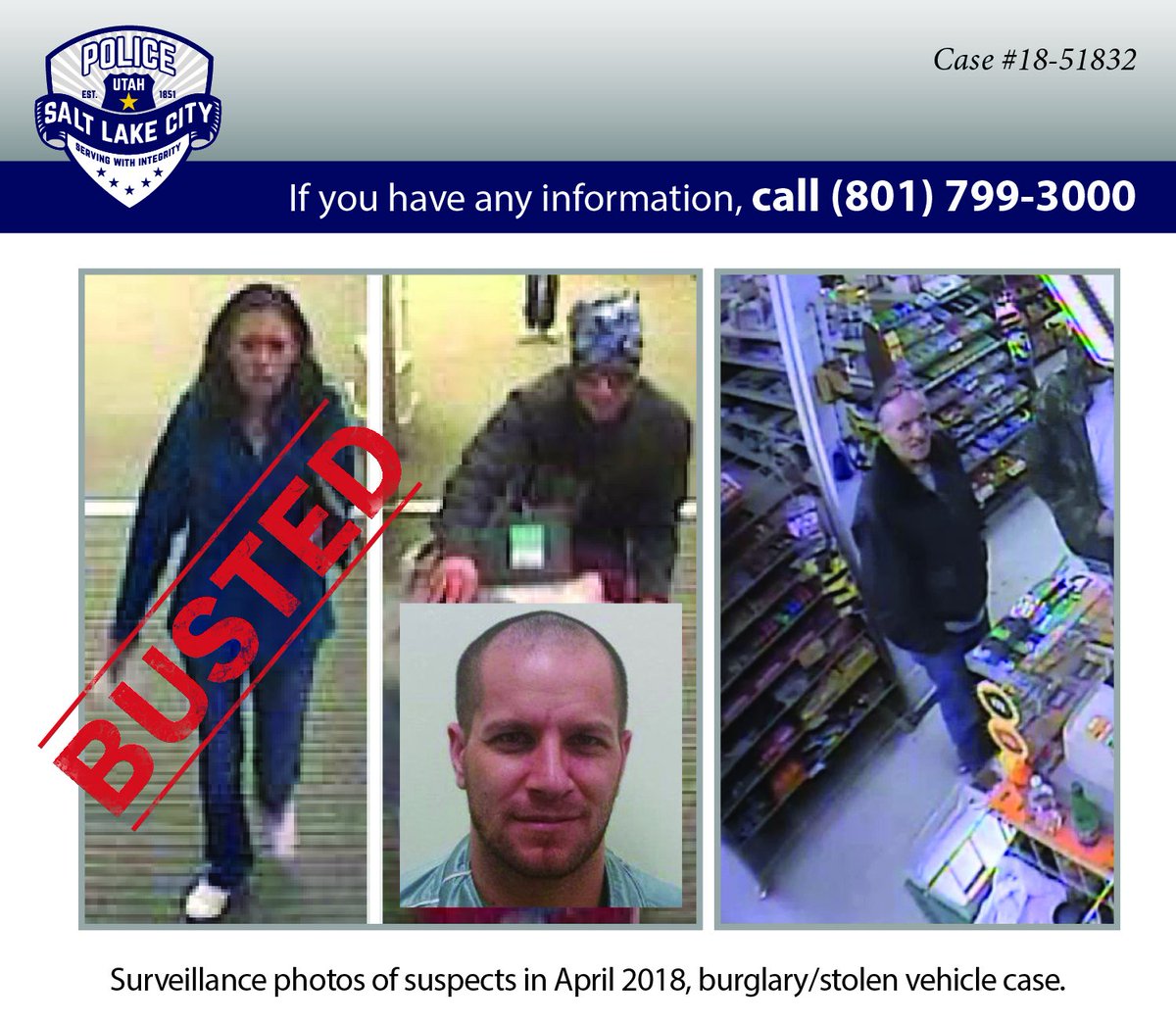 slcpd's tweet photo. #Busted #Burglary #Suspects Updated press release on burglary and credit card theft suspects. Thanks for everyone's help, but our work is not done! https://t.co/PDmChnTDEr https://t.co/FzXb5b5HGv