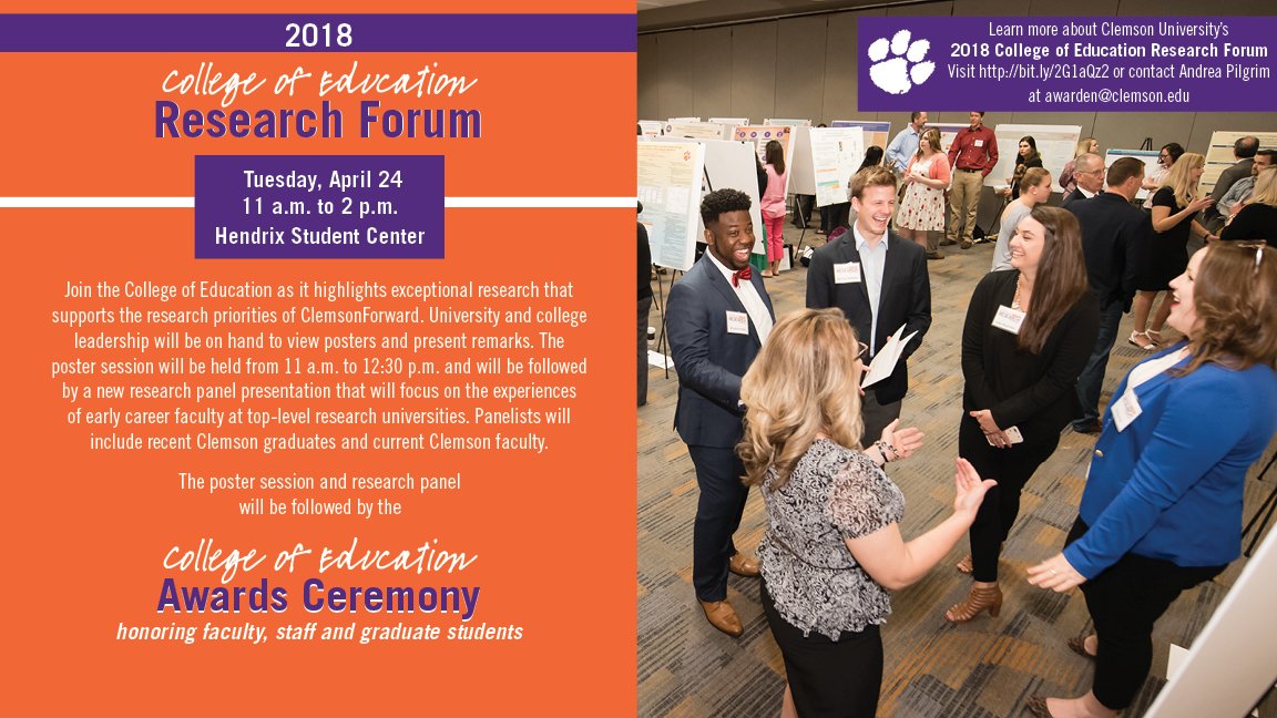 SAVE THE DATE for our upcoming research forum and awards ceremony. Learn more about innovative research in the College of Education and celebrate the faculty, staff and graduate students that make it happen!
<a href="/ClemsonUniv/">Clemson University</a> @1DeanPetersen <a href="/CUGradSchool/">Clemson Grad School</a> @ClemsonStudents