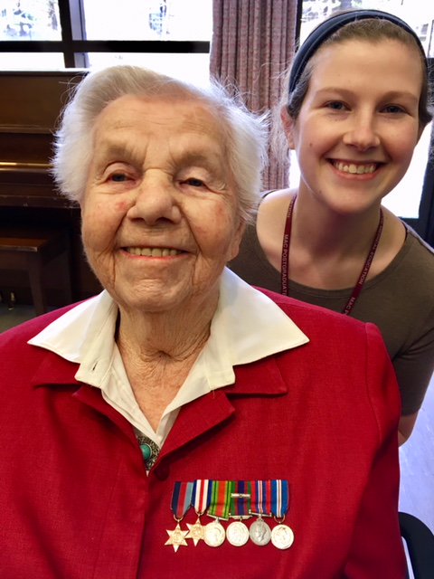 GERAScentre's tweet photo. GERAS member and hopeful future Geriatrician Dr. Maggie Lovett pictured with her 99 year old Grandmother, WWII nurse Margaret Guildford. This strong positive role model is one of Maggie's inspirations towards a future in geriatric medicine #WhyGeriatrics @HamHealthSci @McMasterU https://t.co/LiCgHm47IL