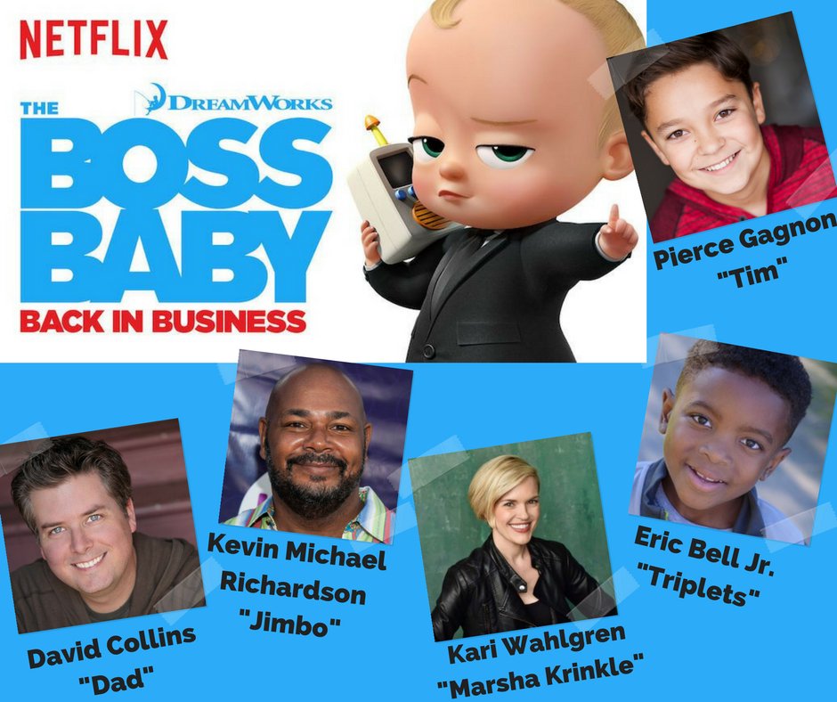 CESDTalent's tweet photo. Out NOW on @netflix #BossBaby Back in Business!!! Starring #CESDTalent @ThePierceGagnon as Tim, @DavidWCollins as Dad, #EricBellJr as Triplets @ClevelandJr as Jimbo & @KariWahlgren as Marsha Krinkle with Additional Voices by @secundawoodvo & other #CESDVO voices @DWAnimation https://t.co/6ISUDpj0yD