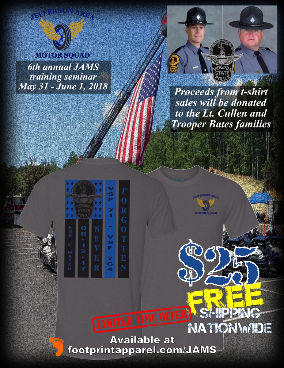 FootprintApprl's tweet photo. Help support the Lt. Cullen and Trooper Bates families.
Limited time only and ships FREE nationally!
#BlueLivesMatter #VirginiaStatePolice #JAMS #Charlottesville #LawEnforcement #Police #ThinBlueLine https://t.co/72NDnVvysp