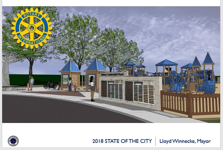 EvansvilleINGov's tweet photo. In case you missed #SOTC18 
Evansville Rotary will redirect $100,000 members graciously donated for Roberts Park to the new Kids Kingdom2 playground. Their generosity will be recognized at the “Rotary Club Centennial Plaza” that will be at the main entrance to the new playground. https://t.co/4Rn4zd67BP