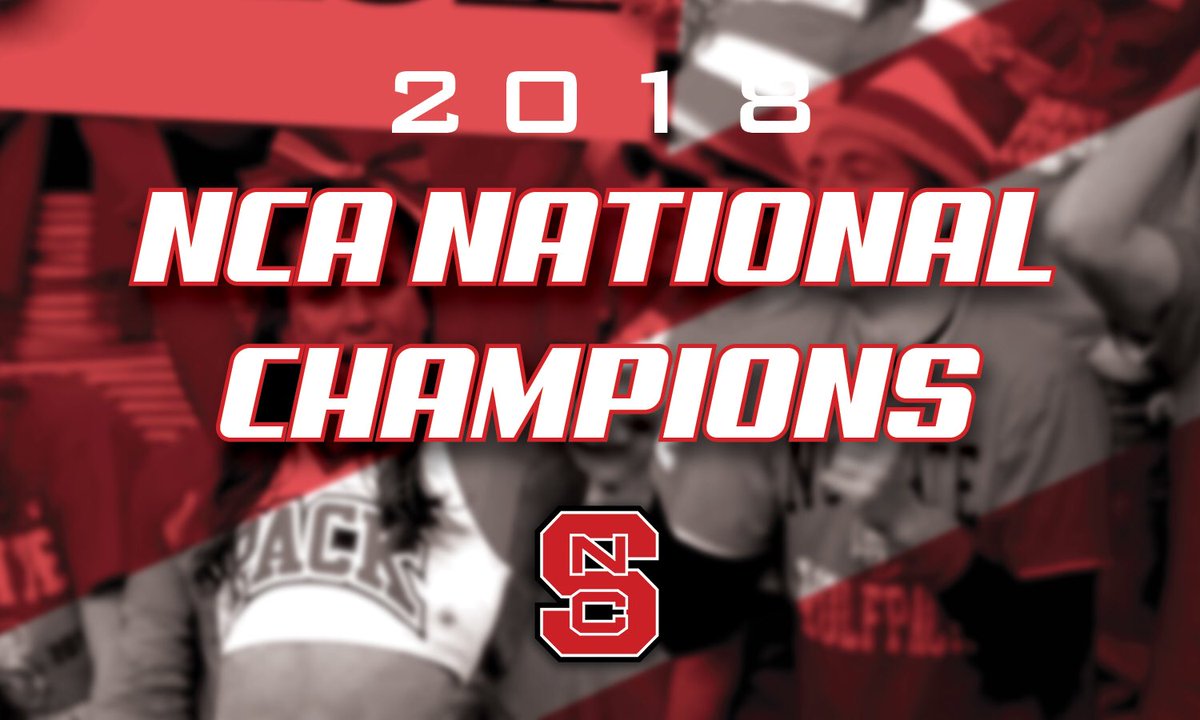ncsucheer's tweet photo. Congratulations GameDay. 2018 National Champions! 🏆1985, 1990, 1991, 2001, 2016, 2018 (Small Coed) &amp; 2018 (GameDay) #WeAreNCState https://t.co/mHBbNiMn0y