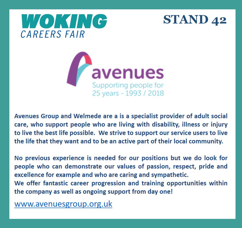 #WokingCareersFair2018 - Come and visit Avenues on STAND 42 and find out what types of career paths they can offer you. #WeAreWoking #Surreyevents #jobssurrey