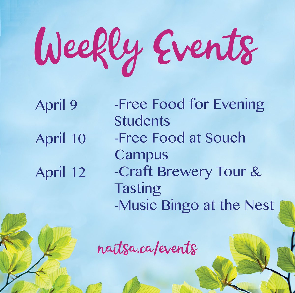 OoksLife's tweet photo. It's the last week of classes for most #NAIT students! We have a ton of events happening this week. Make the most of your school year and be sure to stop by! #NAITSA #NAITSAEvents https://t.co/eWYllV1zAc