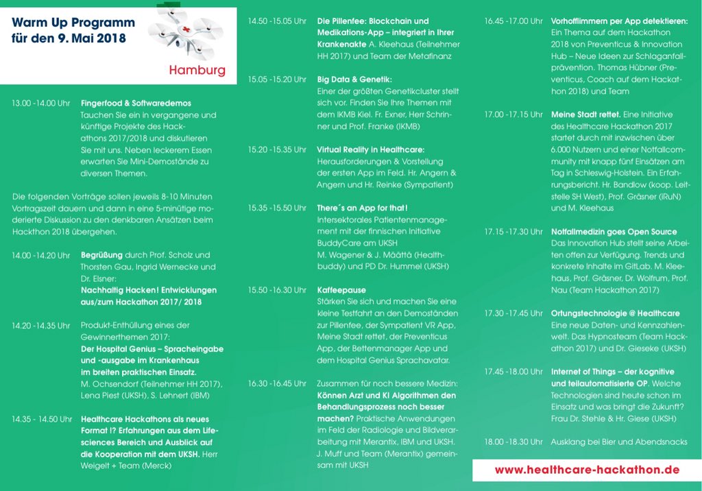 <a href="/healthhackhub/">UKSH IBM InnoHub</a> @healthhackkiel <a href="/BlueHCHamburg/">Blue Hackers Club</a> @FleetSieben Wir freuen uns auf ein tolles „Insider“ Event in Hamburg als Warmup zu unserem Healthcare Hackathon 2018 in Kiel