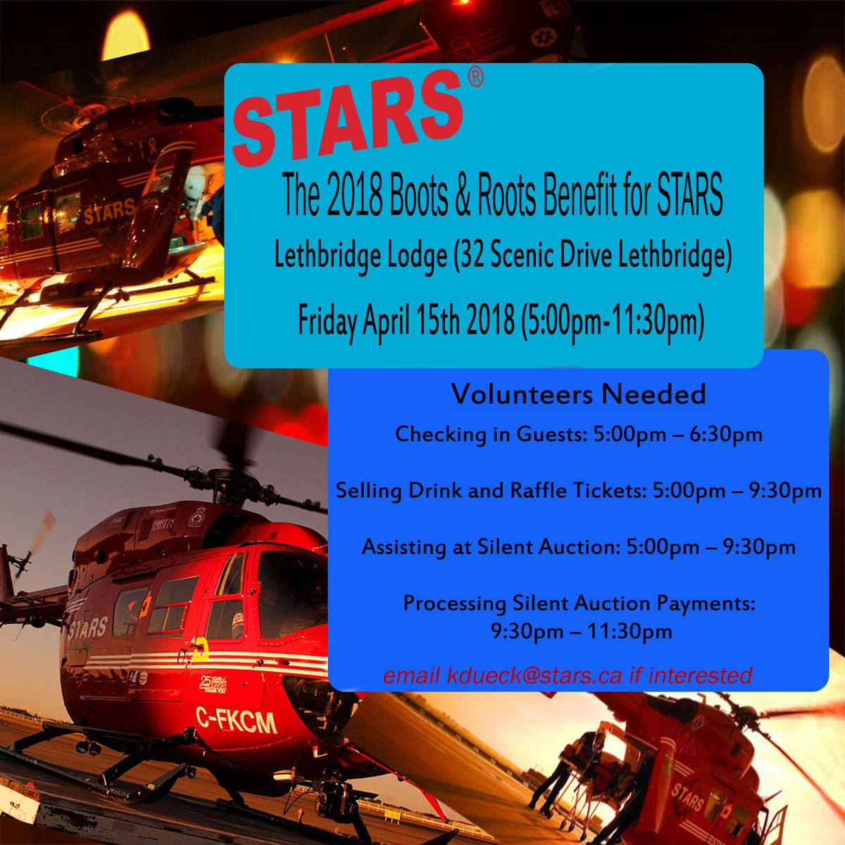 VolunteerLeth's tweet photo. #Time2Help #LetsVolunteer
The 2018 Boots & Roots Benefit for STARS will be taking place April 15th at the Lethbridge Lodge, ( Western Themed!) Volunteers will also be provided with supper Email Kimberly@ kdueck@stars.ca to get involved.
@STARSambulance Air Ambulance https://t.co/dNAlAnONDI
