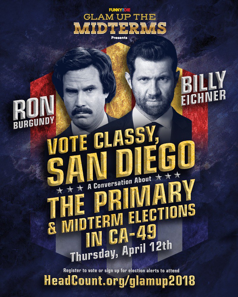 OutdoorLivingSD's tweet photo. What happens when Ron Burgundy puts on a get-out-the-vote campaign for 2018 midterm elections? Find out next week in Oceanside: https://t.co/nWG5EH5pOl #GlamUpTheVote https://t.co/Z7T1WbV3rZ