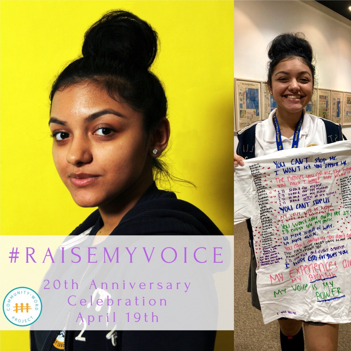 'My Voice is My Power' Meet Racquel, 9th grader at #TYWLSQueens. Join us on April 19th for a 20th Anniversary Celebration to help raise Racquel's voice and the thousands of other #students CWP serves across #NYC. Tickets: bit.ly/2qcEax2 #RaiseMyVoice #artsed #CWPNYC20