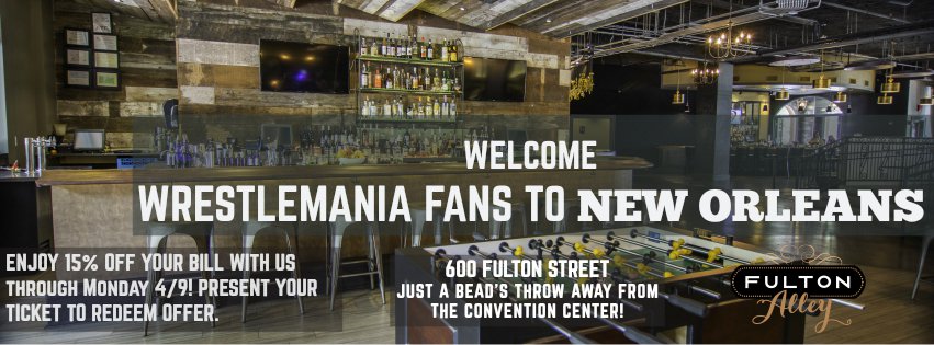 Hey <a href="/WrestleMania/">WWE WrestleMania</a> fans!

Enjoy 15% off your bill with us at <a href="/FultonAlley/">Fulton Alley</a> offering bowling and FREE games such as bocceball, darts, scrabble + more!

Full bar and restaurant menu available for craft drinks and delicious food!

Come Out. Let Loose. Play On. - Cheers!
#wrestlemania