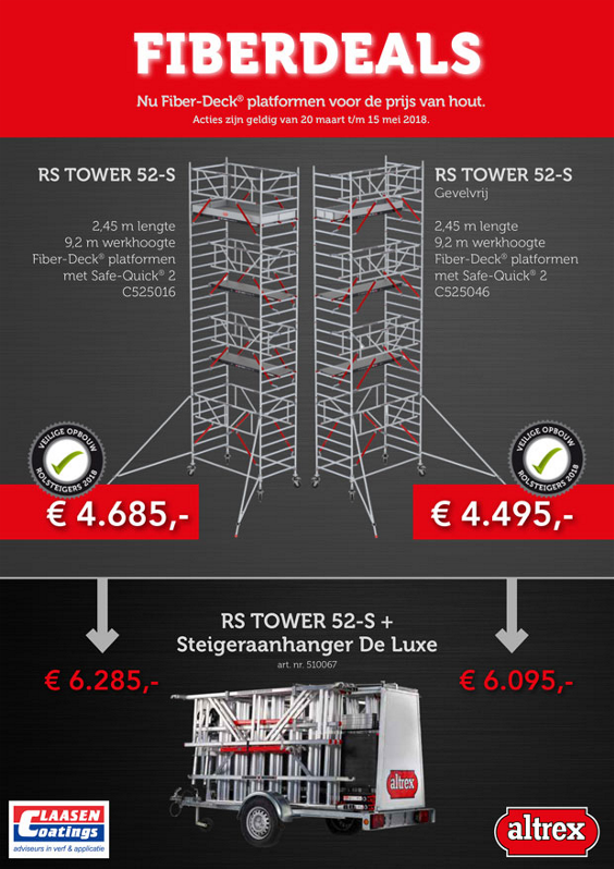 De Altrex Steigerweken zijn van start gegaan. Profiteer van unieke Fiberdeals. Bij aankoop van een RS TOWER 52-S of MITOWER Plus met Fiber-Deck® platformen, betaal je slechts de prijs van hout.  Bekijk alle deals hier >>im.nu/K9NdvJ