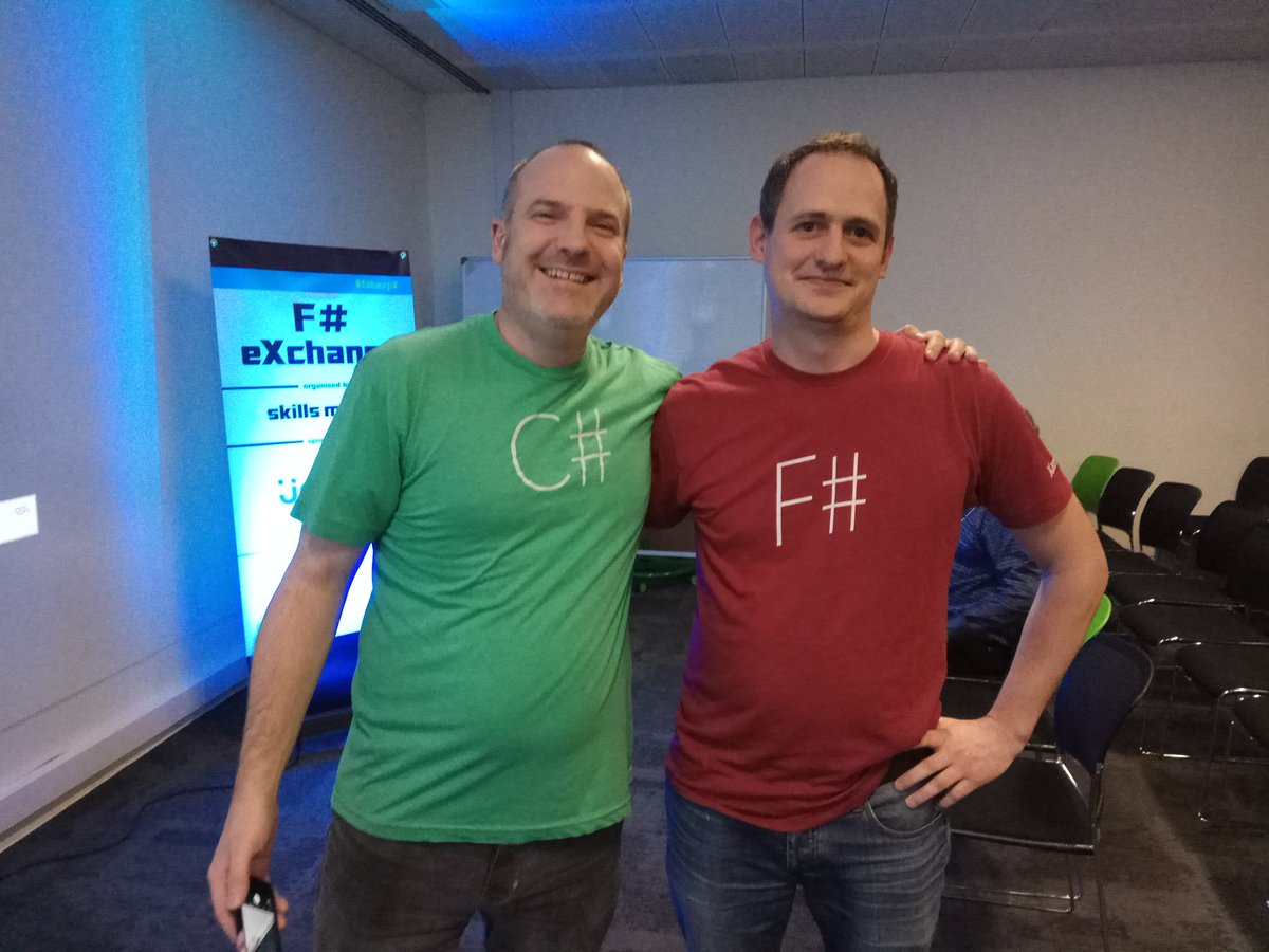 Evilznet's tweet image. Nice to meet @jimbobbennett. Seems my t-shirt is pretty rare. #Xamarin #fsharpX @SoatGroup
