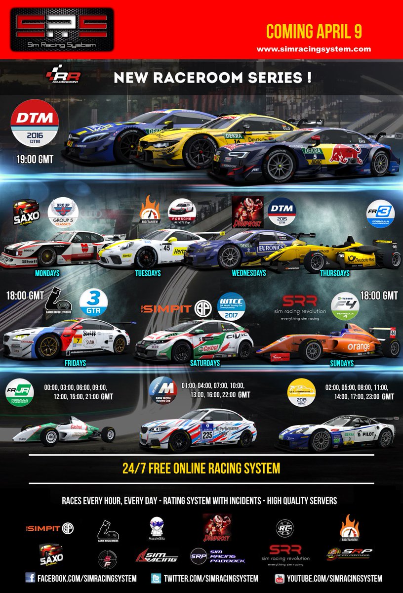 SimRacingSystem's tweet photo. New #Raceroom series coming April 9!
New partners, #Abgefahren, #digiprost, #Saxogaming 6 youtube series, 1hour daily DTM 2016 series and more!
#simracingsystem
https://t.co/oN3Sov8XPV https://t.co/UK0JqMzbCo