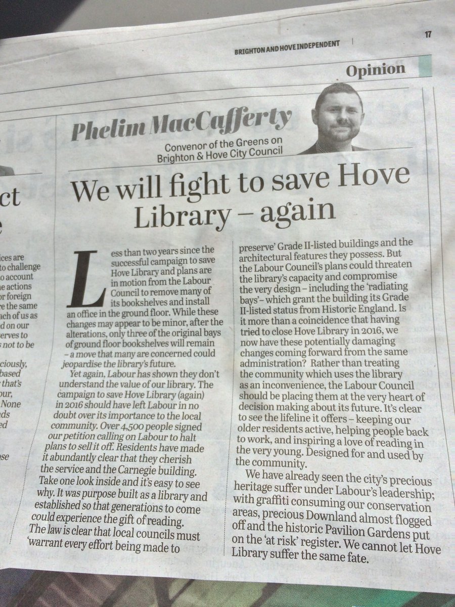 Phelimmac's tweet photo. “Rather than treating the community which uses Hove library as an inconvenience, the Labour Council should be placing them at the heart of decision making about its future.” My @BrightonIndy column https://t.co/JzK3QdJSCz #HoveLibrary #Hove https://t.co/tpZR8yOJ1r
