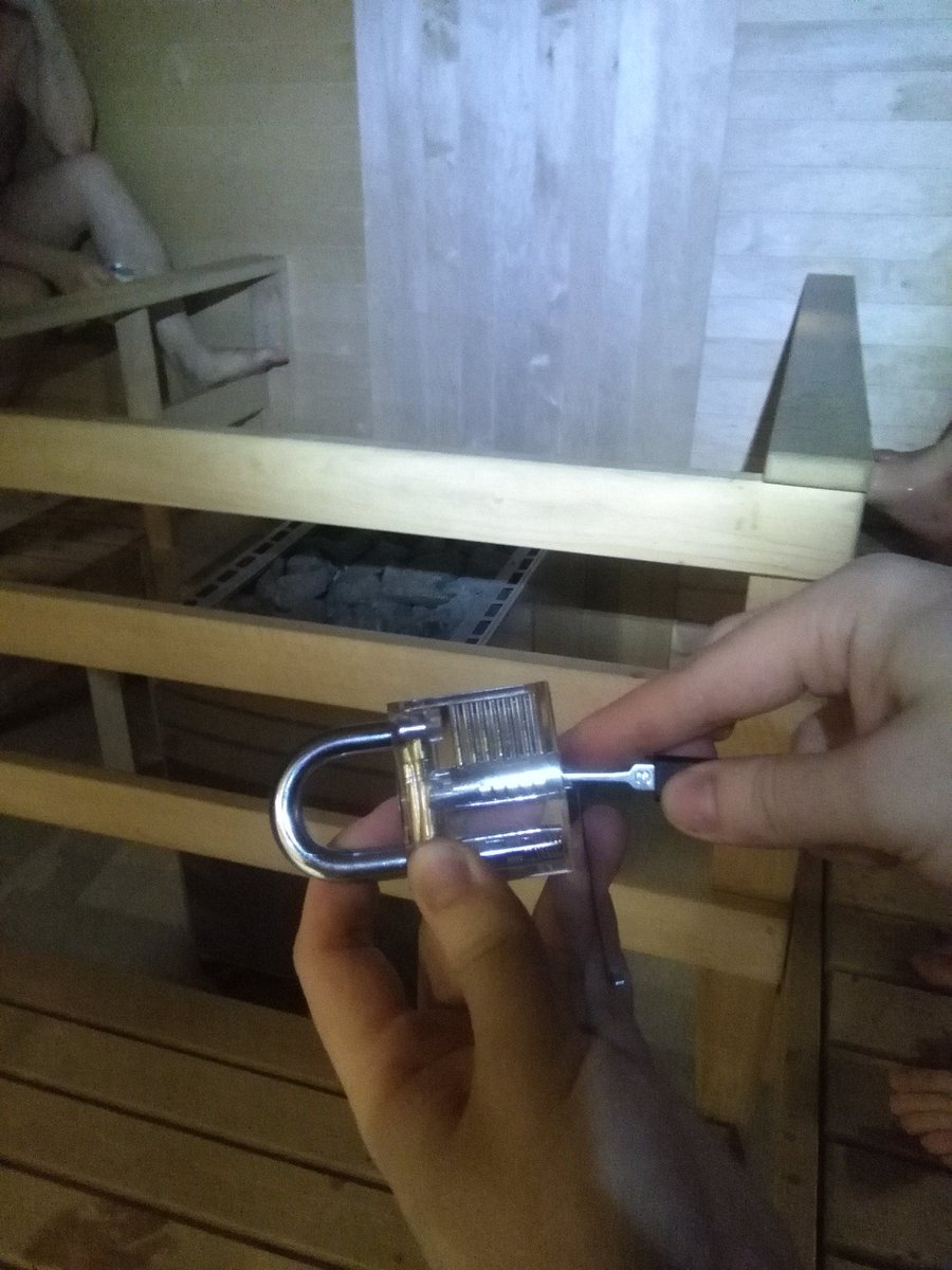 Yes, we actually picked some locks inside of sauna :-) The first ever Sauna locksport can be announced as successful! Big thanks to <a href="/NixuTigerTeam/">Revived User</a>  for powering TurkuSec ry! The evening and event still continues! #Turku #Saunalocksport #sauna #security