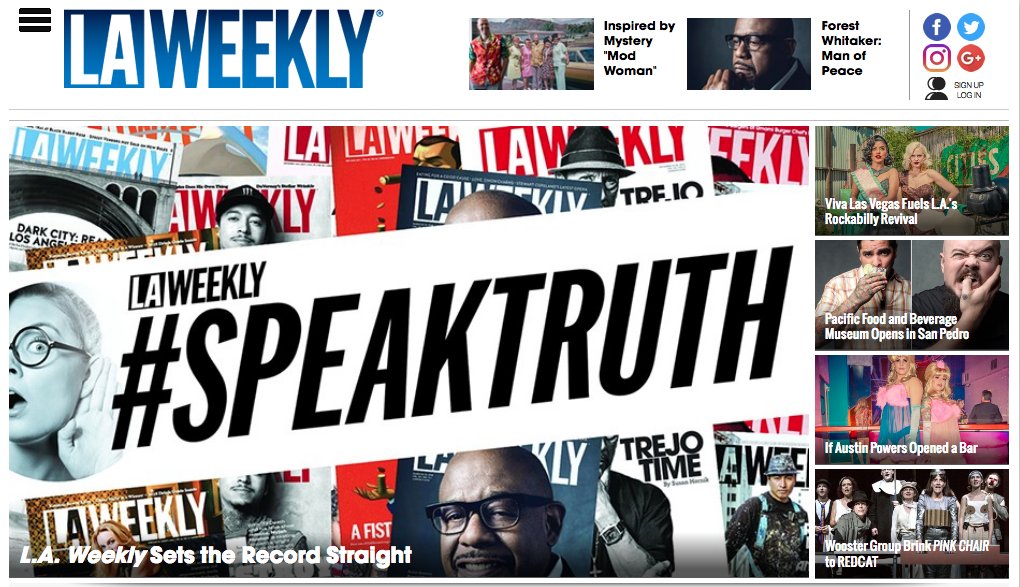 dsa_losangeles's tweet photo. Seriously, just look at the front page of the @LAWeekly: No hard news at all, instead devoting space to their own #SpeakTruth campaign, a Las Vegas festival, and an Austin Powers-themed bar. #WhyNoCoverage #BoycottLAWeekly #HollywoodLabor https://t.co/MLHNkXG0ik