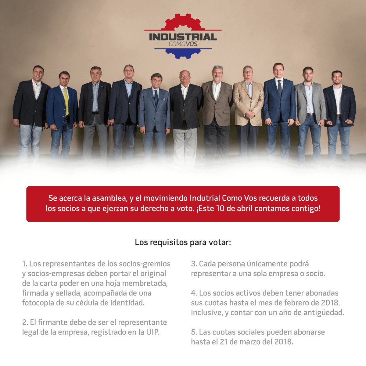 industrialpy's tweet photo. Es tu derecho y tu deber como Industrial elegir a las autoridades. Te instamos a que votes a conciencia. Ponemos a tu disposición los requisitos para votar en la Asamblea del 10 de abril. https://t.co/3pOj8vDS94