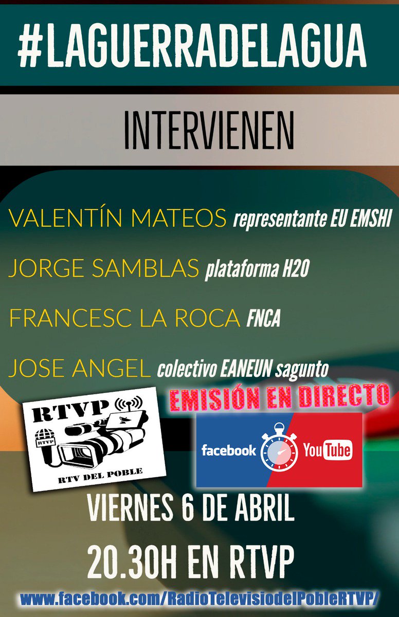 HOY 6 DE ABRIL, A LAS 20.30h EN La Radio I Televisió Del Poble nuestro concejal @ValentinMateos analizará las causas y las consecuencias de privatizar el recurso más vital y como se está luchando para conseguir que el agua vuelva a ser un derecho. #LaGuerraDelAgua