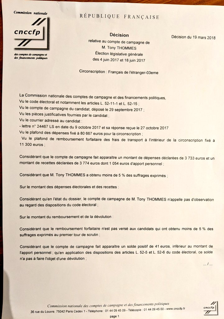tonythommes's tweet photo. Ravi d'apprendre ce soir que la Commission des comptes de campagne a validé mon compte pour les législatives de juin dernier. ✔️ #ExtCirco03 https://t.co/1m9g4eLtNT