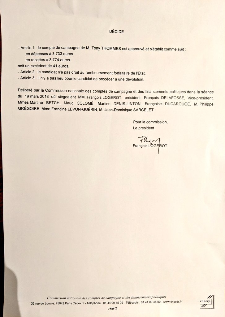 tonythommes's tweet photo. Ravi d'apprendre ce soir que la Commission des comptes de campagne a validé mon compte pour les législatives de juin dernier. ✔️ #ExtCirco03 https://t.co/1m9g4eLtNT