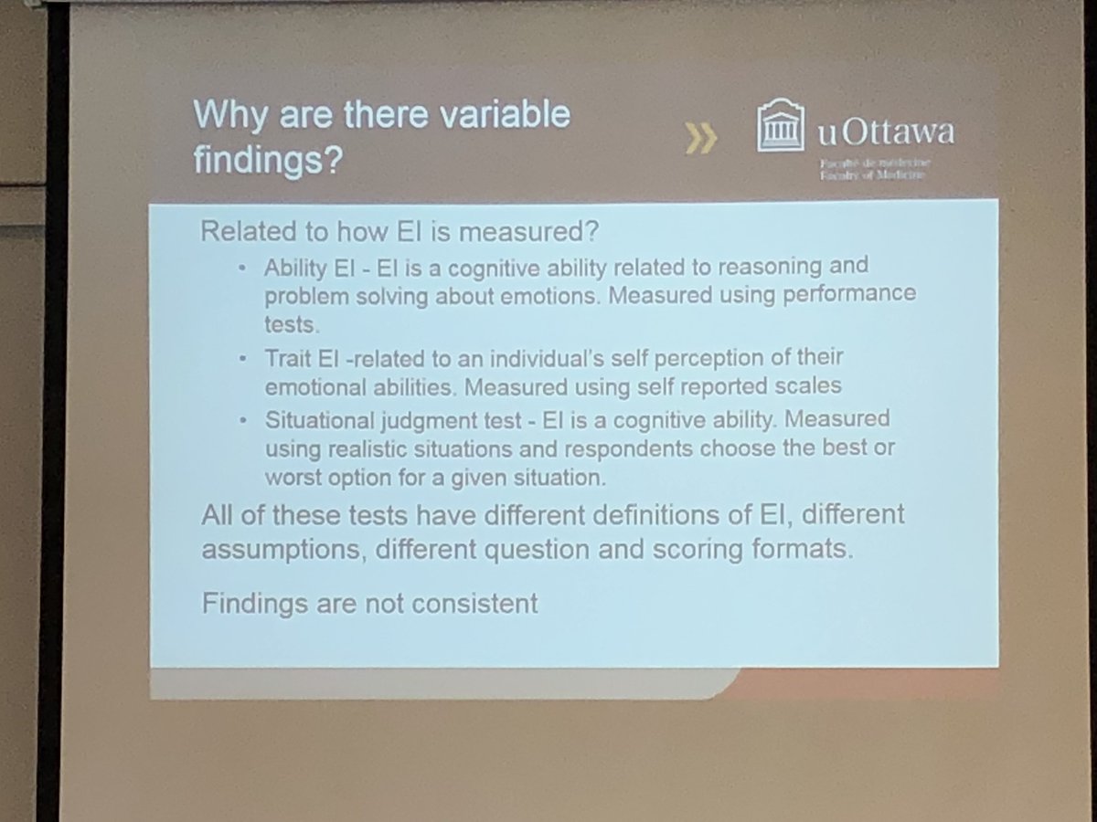 vicki_leblanc's tweet photo. Tim Wood explores whether emotional intelligence tests predict performance at licensure: The results suggest not. Triggered good discussion around whether EI could be linked with other aspects such as inter-personal skills / wellness instead. @DIME_uOttawa #MMDay2018 https://t.co/WWsNK2cxcJ